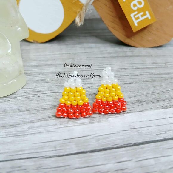 Candy Corn Beaded Stud Earrings, Cute Autumn Jewelry - Picture 1 of 4